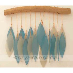 Glass chime blue leaves on driftwood